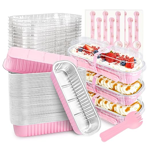 50 PACK Mini Cake Pans with Lids and Spoons, Rectangular Aluminum Foil Bread Pan by NPLUX