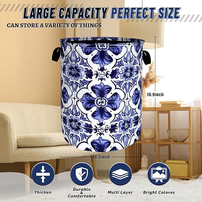 Blue and White Mexican Tile Laundry Basket Oxford Cloth Foldable Boho Laundry - Image 3