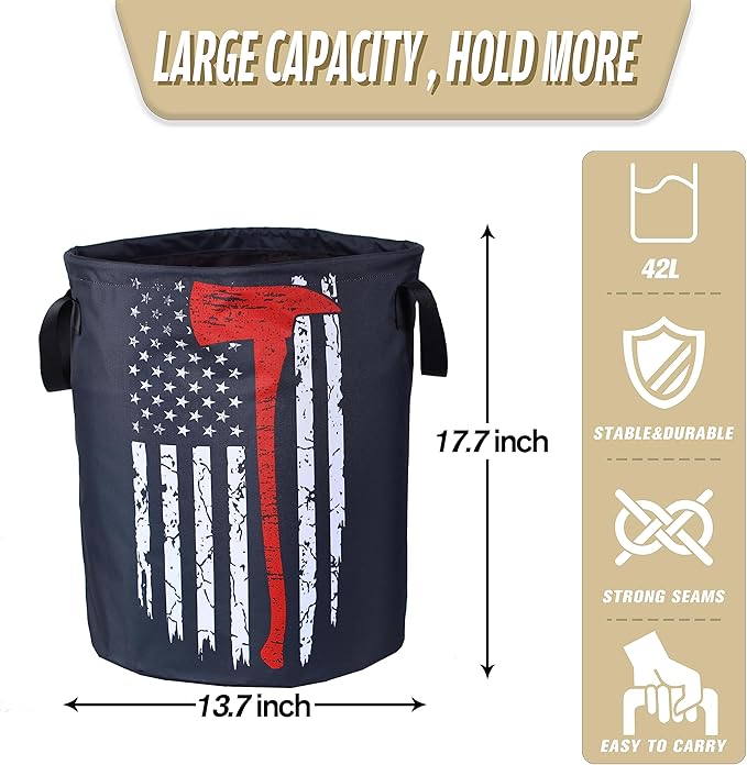 American Flag Red Line Ax Laundry Basket Firemen Foldable Oxford Cloth Funny - Image 2