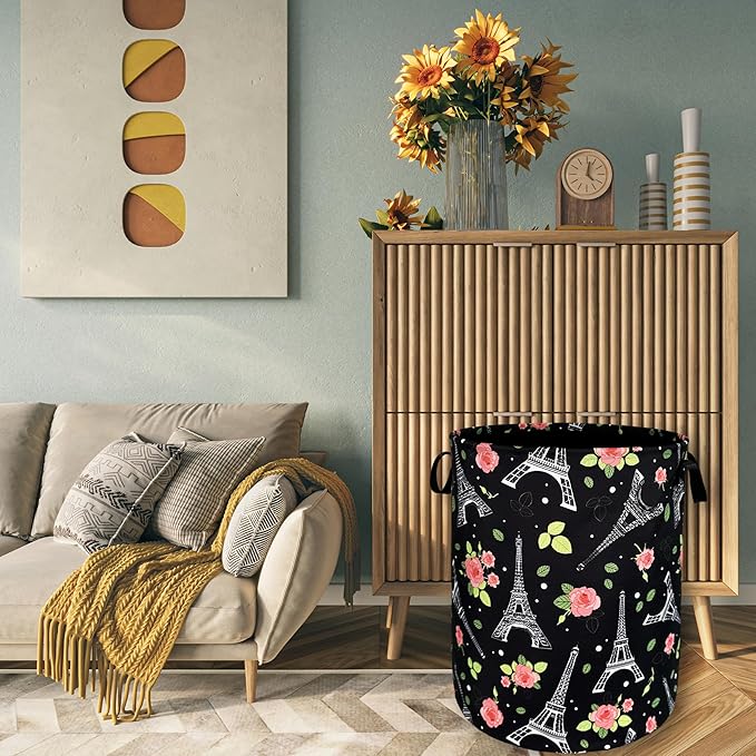 Retro Eiffel Tower Laundry Hamper Rose Flower Colorful Laundry Basket - Image 7