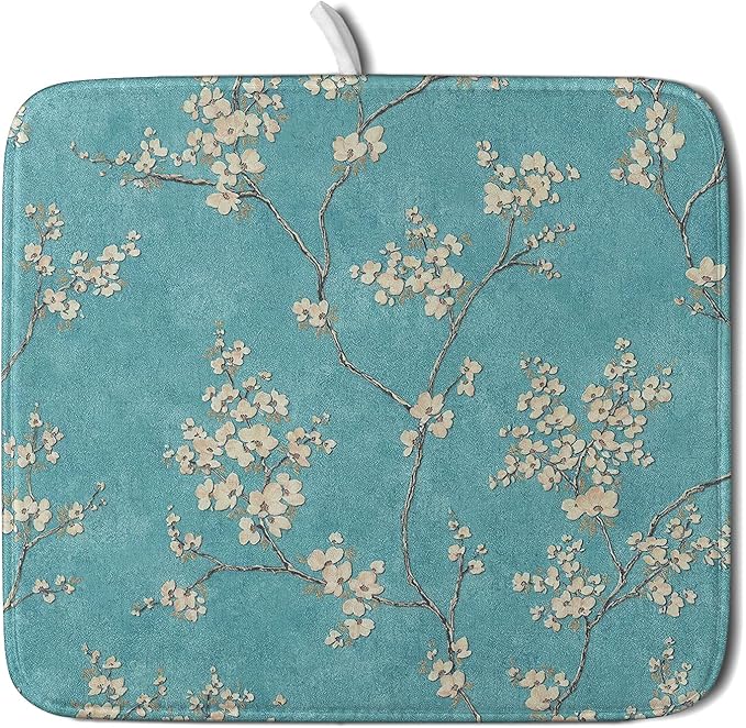 Teal Turquoise Dish Drying Mat for Kitchen Counter Spring Floral Drying Mat 16 by Sweetshow