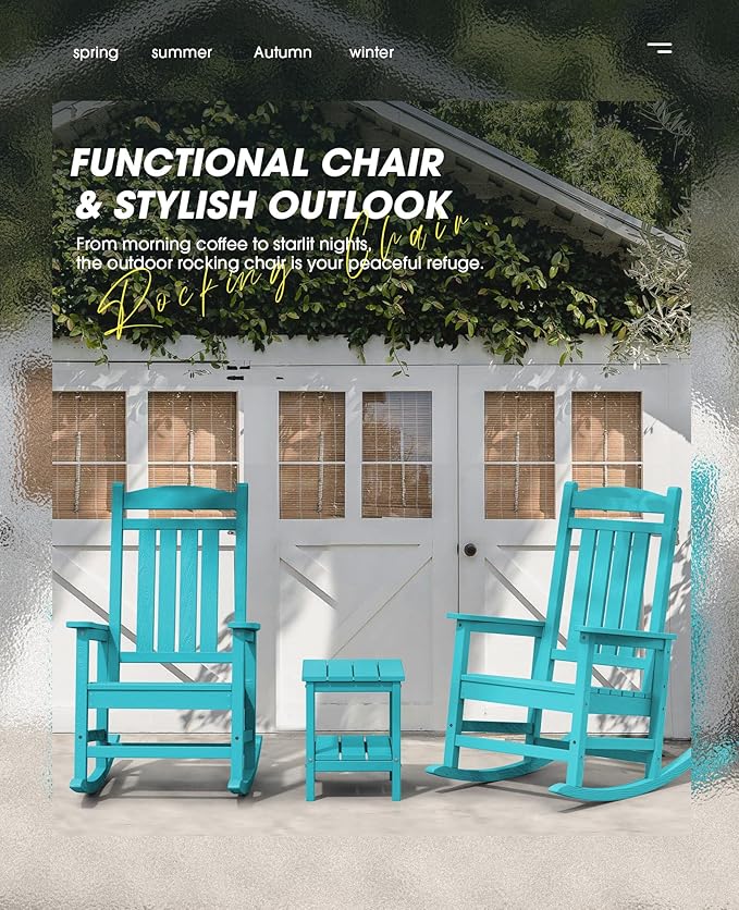 KINGYES Outdoor Rocking Chair Set of 2, High Density Polyethylene Patio Rocking Chairs with 330lbs Support for Adults, Aruba Blue - Image 4