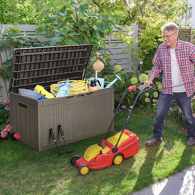Greesum 100 Gallon Resin Deck Box Large Outdoor Storage with Cushions for Patio Furniture, Garden Tools, Pool Supplies, Weatherproof and UV Resistant, Lockable, Light Coffee - Image 2