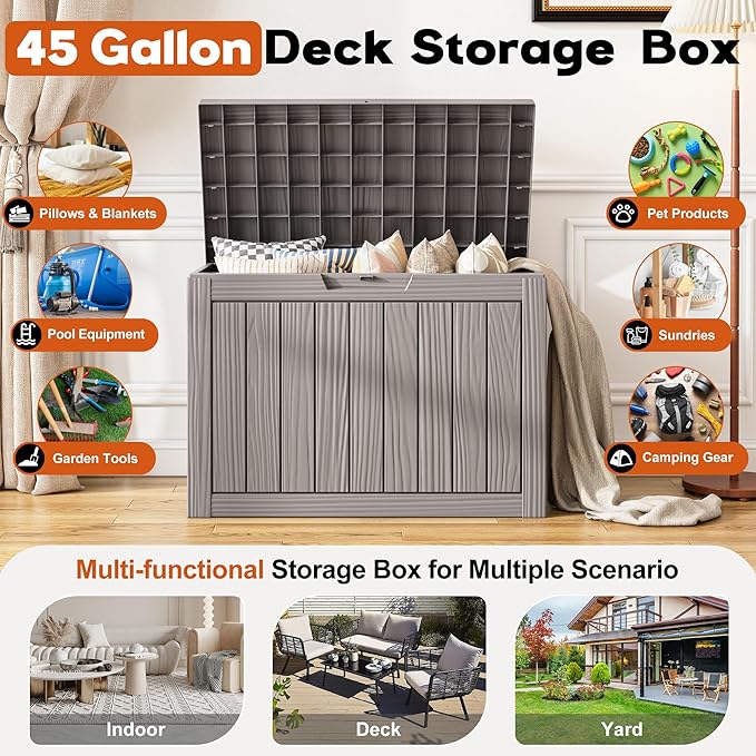 Outdoor Storage Box, Resin Deck Boxes Indoor and outdoor, Waterproof Storage Box Lockable Lid (Grey, 50 Gallon) - Image 3