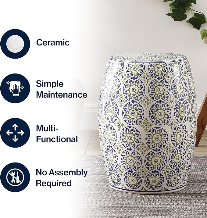 JONATHAN Y TBL1025A Lula 17.25" Suzani Ceramic Indoor/Outdoor Garden Stool, Blue/Green, Classic, Coastal, Bohemian, Traditional, Mediterranean, Cottage for Living Room, Garden, Outdoor, Home - Image 6