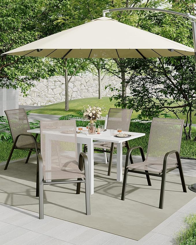 Outdoor Stackable Dining Chairs Set of 4, High-Back Patio Stacking Chairs, Patio Chairs with Textilene Farbic & Metal Frame for Lawn Backyard Deck Garden,Brown - Image 2