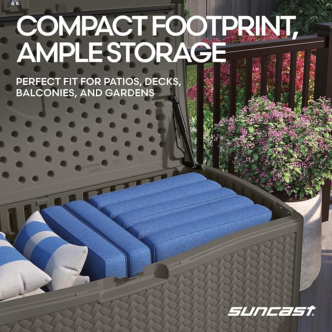 Suncast Extra Large Deck Box - 124 Gallon Resin Outdoor Storage Box with Lockable Lid for Outdoor Cushion Storage, Toys, & Garden Gear, Stoney Grey Wicker Bin for Patio, Porch, Pool, & Yard - Image 7