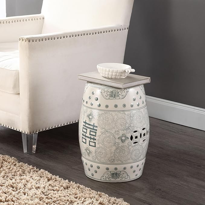 JONATHAN Y TBL1013C Double Happiness 18" Chinoiserie Ceramic Drum Indoor/Outdoor Garden Stool Bohemian, Coastal, Classic, Cottage, Traditional, Patio, Garden, Bathroom, Living Room, Gray Blue/White - Image 2
