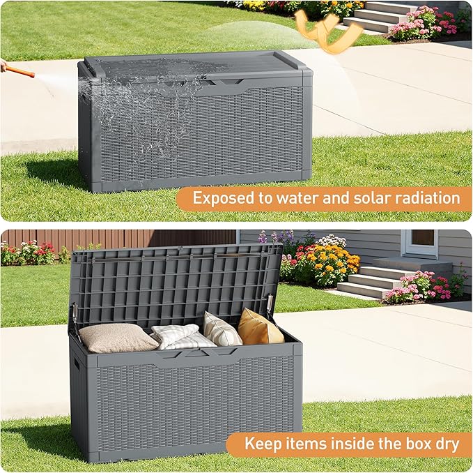 Greesum 100 Gallon Resin Deck Box Large Outdoor Storage Boxes with Cushions for Garden Tools, Patio Furniture Pillows, Pool Supplies, Gray - Image 4