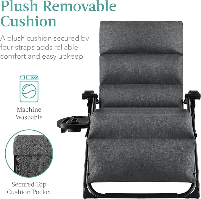 Best Choice Products Oversized Zero Gravity Chair, Folding Outdoor Patio Recliner, XL Anti Gravity Lounger w/Removable Cushion, Cup Holder, Side Tray, 350lb Capacity - Fossil Gray - Image 4