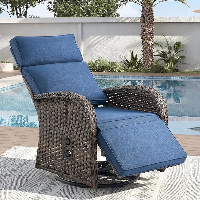Zero Gravity Patio Swivel Rocking Recliner Chair - Wicker Outdoor Lounge Chair with Adjustable Backrest & Footrest, All Weather Reclining Rocker Chairs with Thick Cushion for Pool Deck Blue by JelwalyPatioFurnitureSet