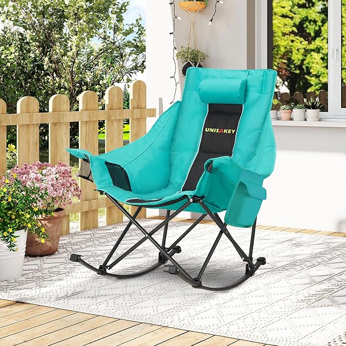 Oversized Rocking Camping Chair with Headrest & Cup Holder - 400lbs Capacity, 600D Oxford Fabric, Easy Fold Portable Outdoor Rocker Chair for Camping, Backyard, Beach, Blackgreen - Image 9