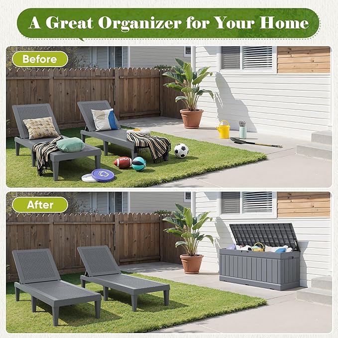 Flamaker Outdoor Storage Box 80 Gallon Resin Waterproof Deck Box Delivery Box with Wood Texture Large Storage Bin for Patio Cushions, (Grey) - Image 6