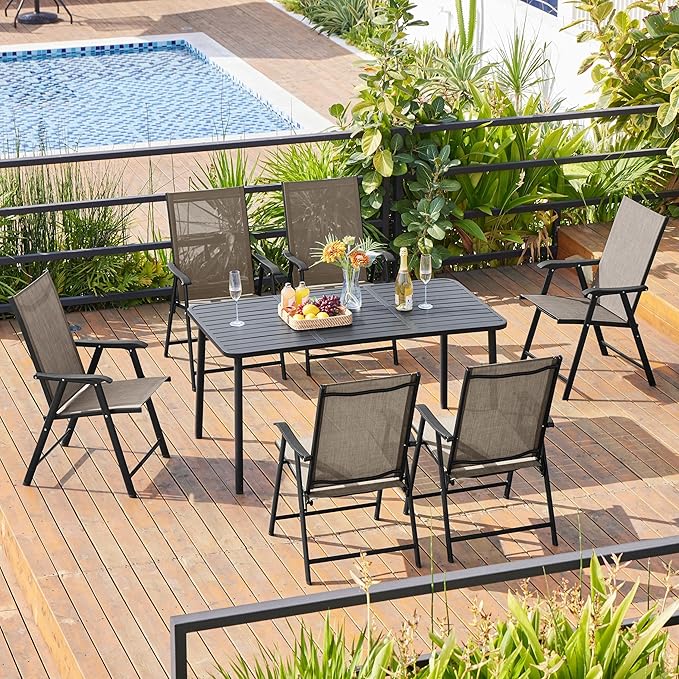 Yaheetech Patio Dining Chairs Set of 2, Portable Dining Chairs with Armrests for Camping, Lawn and Beach, Folding Patio Chairs 2-Pack of Metal Frame, Brown - Image 2
