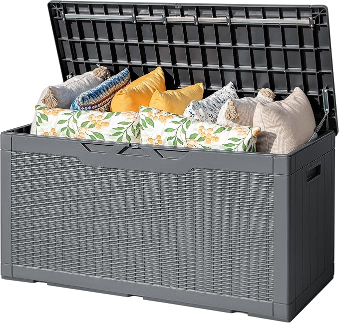 Flamaker Outdoor Storage Box 100 Gallon Waterproof Resin Deck Box Delivery Box with Air Rod Indoor Outdoor Lockable Storage Bench for Patio Cushions, Tools, Pool Accessories (Gray) by Flamaker