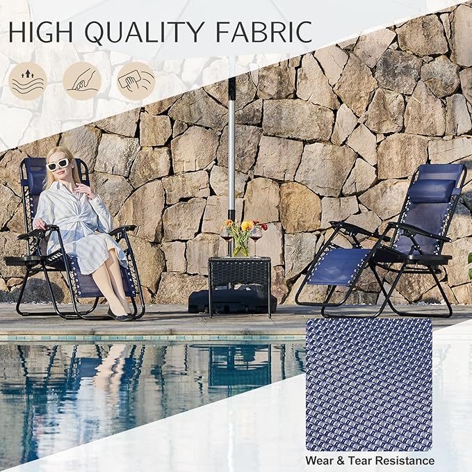 Sweetcrispy Zero Gravity Chairs, Set of 2 Portable Recliner Beach Camping Patio Outdoor Folding Lounge Chair with Cup Holder Trays and Adjustable Pillow for Poolside, Garden, Backyard, Lawn (Blue) - Image 3