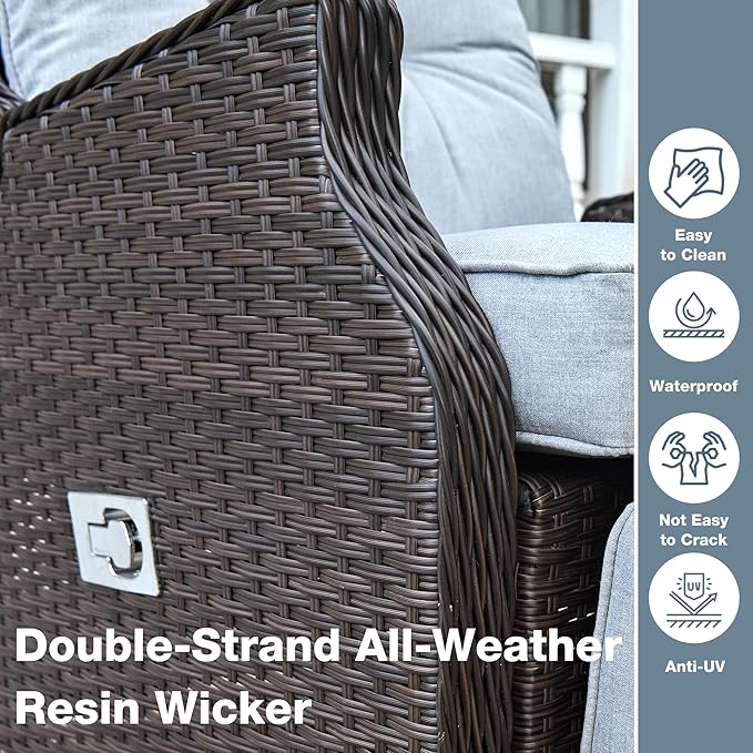 Outdoor Indoor Wicker Recliner with Adjustable Back and Footrest, Patio Reclining Chair with Flip-up Table, Outdoor Rattan Lounge Chair, Light Grey 2PCS - Image 6