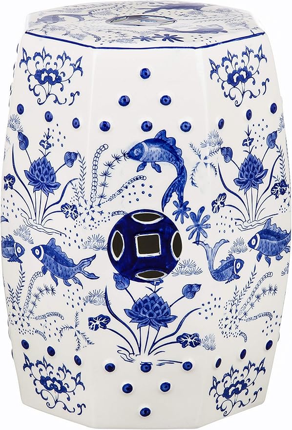 Safavieh Castle Gardens Collection Glazed Ceramic Blue Cloud 9 Chinoiserie Garden Stool by SAFAVIEH