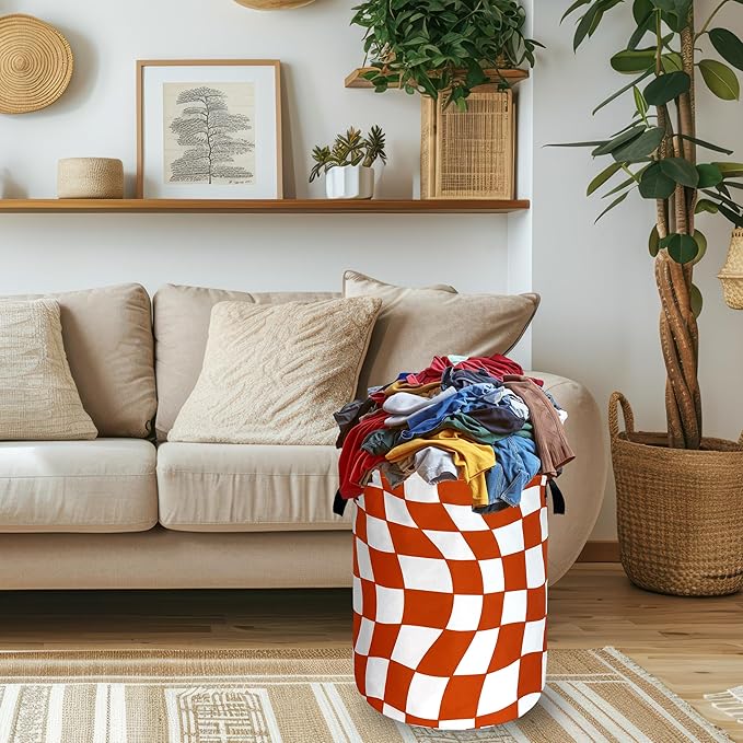 Orange Checkerboard Laundry Hamper Foldable Oxford Cloth Colorful Plaid Laundry - Image 2