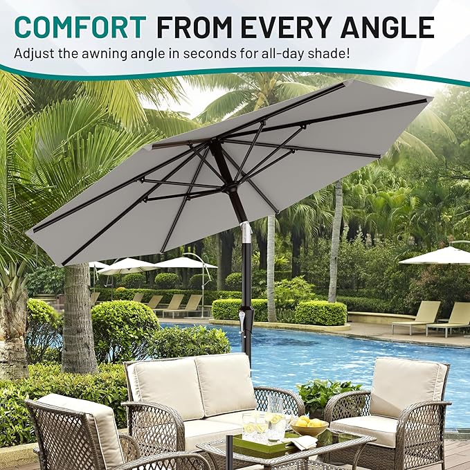 AreShark 9 FT Patio Umbrella for Outdoor, Outdoor Table Umbrella with Push Button Tilt and Crank, Outdoor Patio Umbrellas with 8 Sturdy Ribs for Market, Garden, Pool (Light Gray) - Image 7