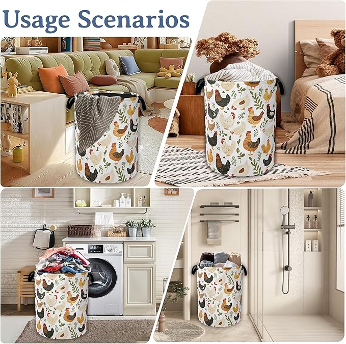 Rooster Hen Chick Laundry Basket, Foldable Waterproof Oxford Cloth Tote Bag - Image 7