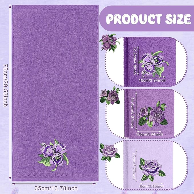 3 Pcs Purple Rose Hand Towels Lavender Purple Bathroom Decor Embroidered Floral - Image 2