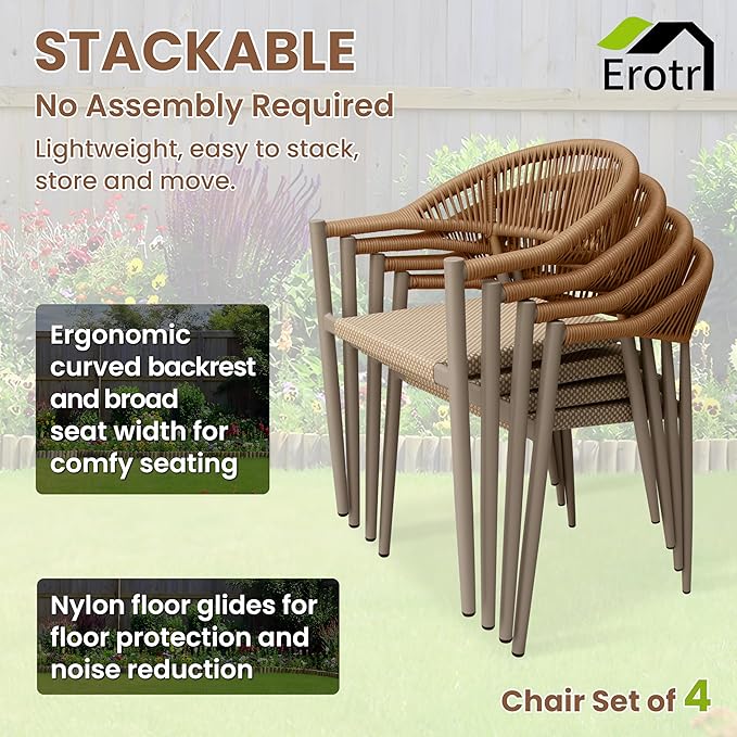 4 Pcs Stackable Patio Dining Chairs, Aluminum Rattan Outdoor Dining Chair with Arms, Woven Rope Garden Armchair Metal No Assembly for Bistro Balcony Porch Deck Yard Cafe Restaurant, Light Brown - Image 6