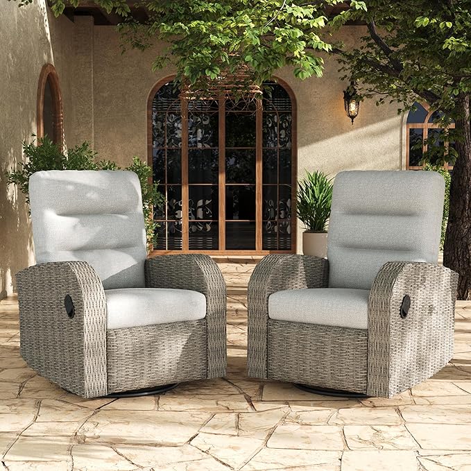 LayinSun Oversized Wicker Outdoor Swivel Glider Recliner with Adjustable Backrest & Footrest, Patio Reclining Lounge Chair - Set of 2 by LayinSun