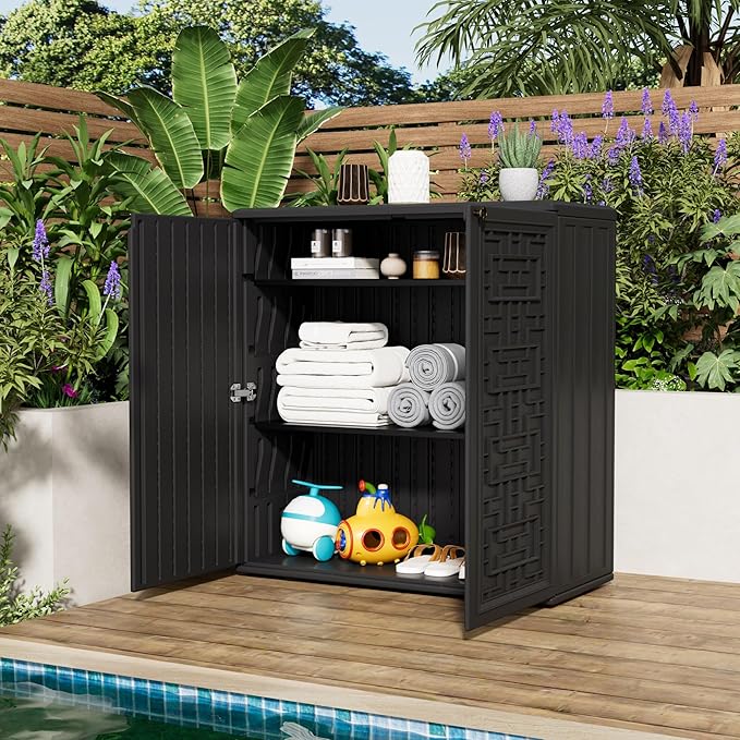 Outdoor Storage Cabinet Waterproof with Shelf,Resin Storage Sheds Outdoor Cabinets for tub Towels/Chemicals/Grill Items/Patio/Garden/Backyard, Size 34.3''L*15''W*36.2''H（Black） - Image 7