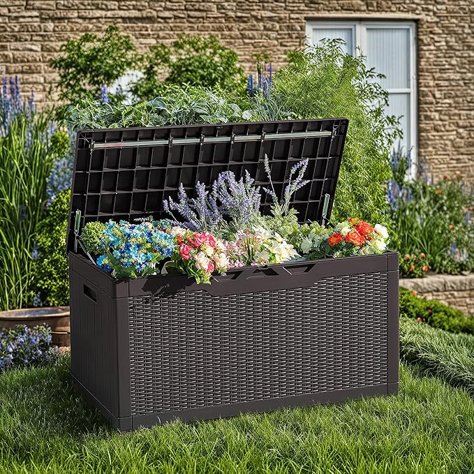 Devoko 97 Gallon Deck Box, Waterproof Resin Outdoor Storage Box for Outside and Patio, Large Outdoor Storage Bench Cabinet Lockable for Patio Furniture, Garden Tools and Pool Supplies (Deep Brown) - Image 2