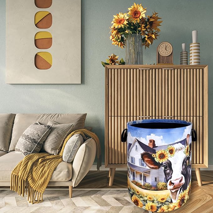 Cows Sunflower Laundry Basket Cow Foldable Funny Laundry Hamper Oxford Cloth - Image 7