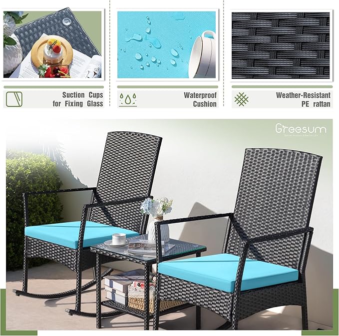 Greesum 3 Pieces Patio Furniture Set Outdoor Wicker Rocking Chairs with Glass Coffee Table for Garden Backyard Porch Poolside, Blue - Image 7