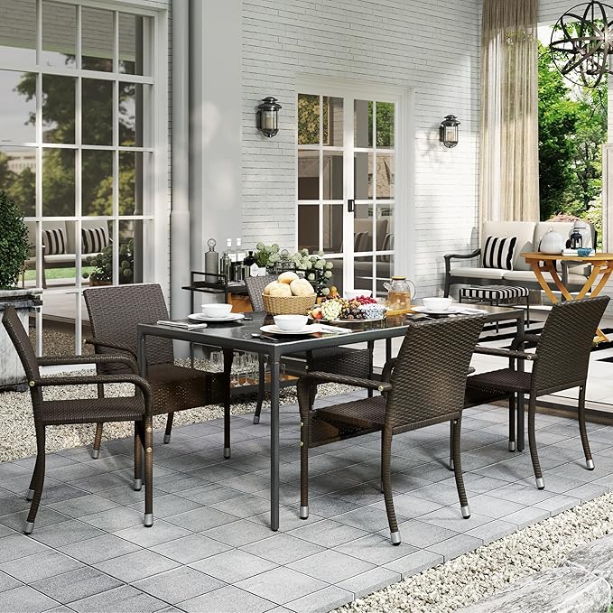 Yaheetech Set of 2 Stackable Outdoor Rattan Dining Chairs, All-Weather Armchair w/Armrests, Steel Frame for Garden, Patio, Deck, Yard, Poolside, Brown - Image 2