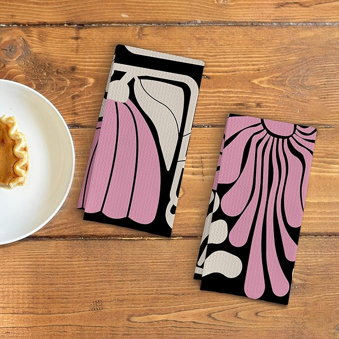 Abstract Boho Pink and Beige Floral Kitchen Towels Set of 2, Retro 70s Groovy - Image 3