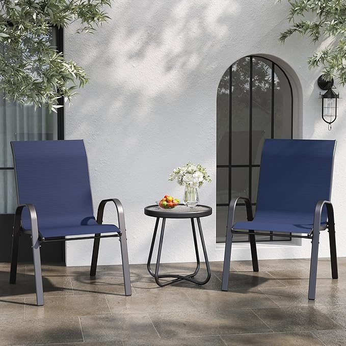 Patio Table and Chairs Set - 3 Piece Outdoor Stackable Dinging Chairs for All Weather,Breathable Garden Furniture for Deck Garden Backyard (Navy Blue) - Image 2