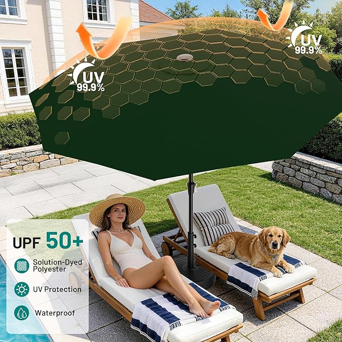 AreShark 9 FT Patio Umbrella for Outdoor, Outdoor Table Umbrella with Push Button Tilt and Crank, Outdoor Patio Umbrellas with 8 Sturdy Ribs for Market, Garden, Pool (Dark Green) - Image 4