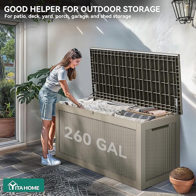 YITAHOME XXL 260 Gal Large Deck Box, Outdoor Resin Storage Box, Rattan Storage Container for Patio Furniture, Garden Tools, Waterproof, Lockable (Brown) - Image 3