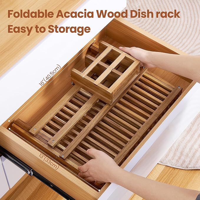 Acacia Wooden Dish Drying Rack for Kitchen Counter 2-Tier Collapsible Bmaboo - Image 7