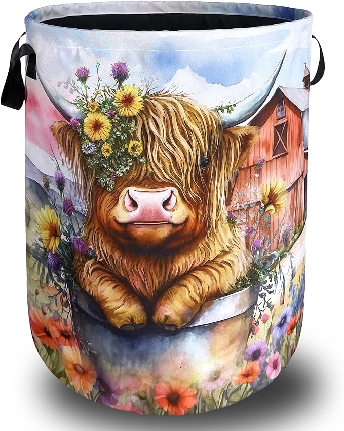 Highland Cow Laundry Basket Floral Farm Foldable Funny Laundry Hamper Oxford by SELIONLIKN