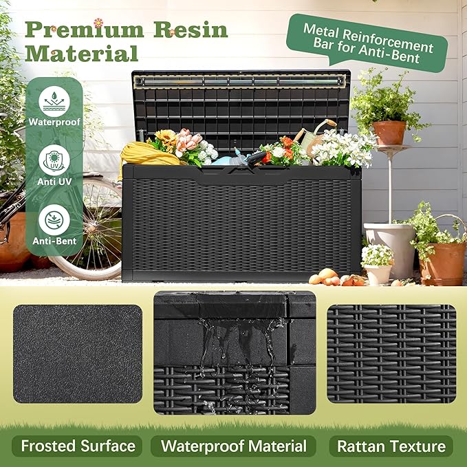 Flamaker Outdoor Storage Box 100 Gallon Waterproof Resin Deck Box Delivery Box with Air Rod Indoor Outdoor Lockable Storage Bench for Patio Cushions, Tools, Pool Accessories (Black) - Image 3