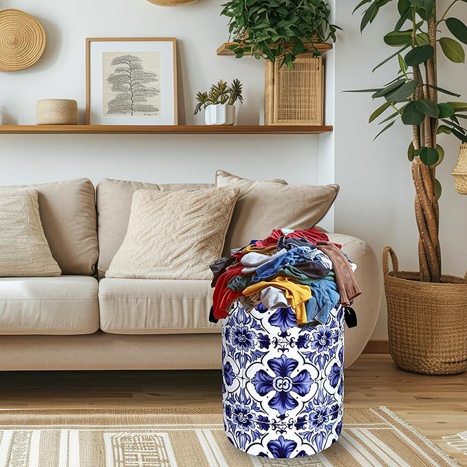Blue and White Mexican Tile Laundry Basket Oxford Cloth Foldable Boho Laundry - Image 2