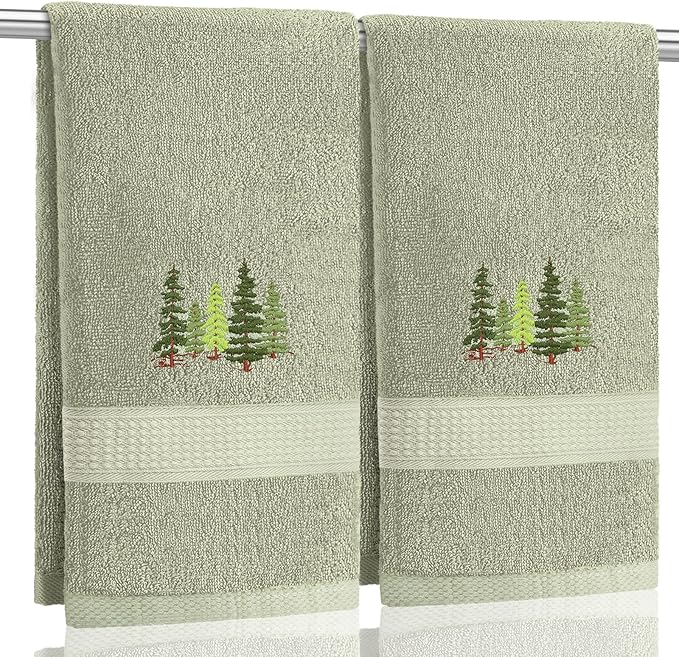 2 Pcs Forest Hand Towels Gray Green Bathroom Decor 14x29 Inch Embroidered 100% by SmoothNovelty