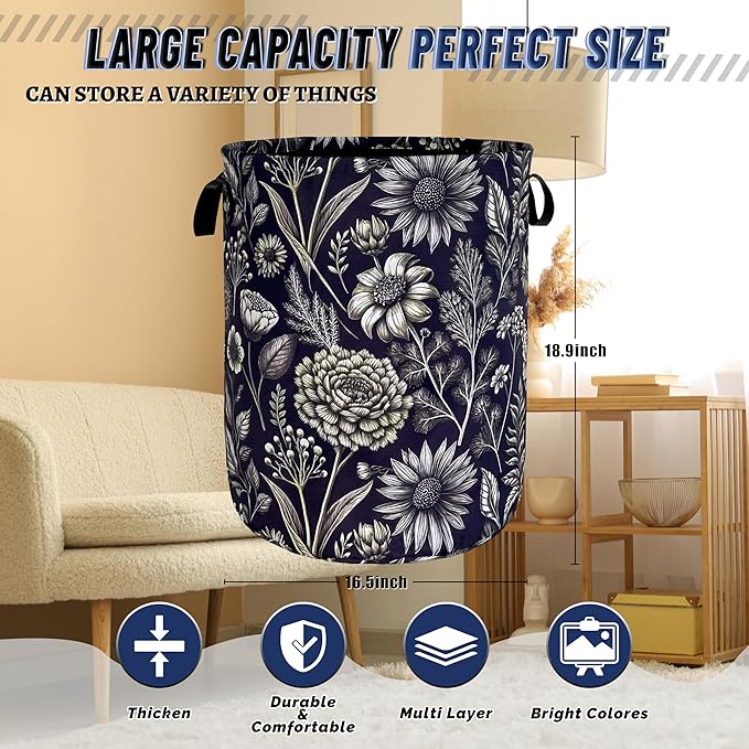 Vintage Floral Flowers Laundry Hamper Foldable Oxford Cloth Cute Laundry Basket - Image 3