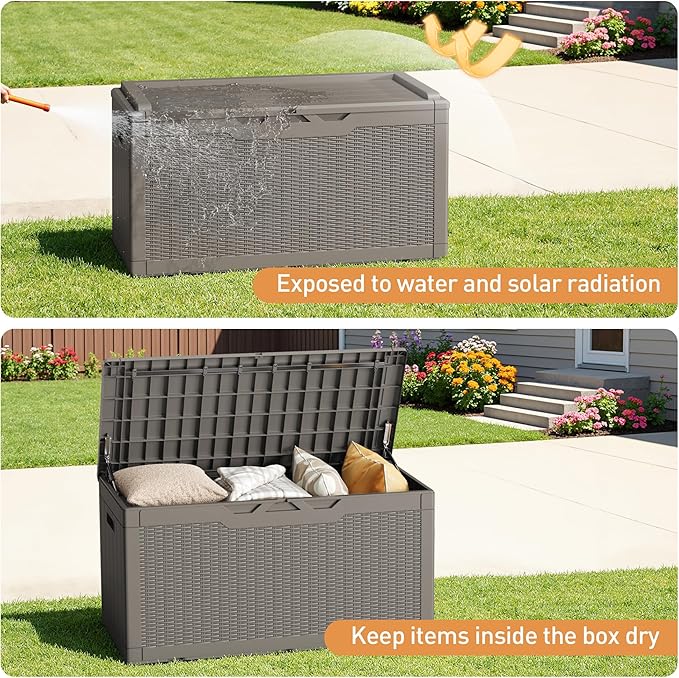 Greesum 100 Gallon Resin Deck Box Large Outdoor Storage Boxes with Cushions for Garden Tools, Patio Furniture Pillows, Pool Supplies, Light Coffee - Image 4