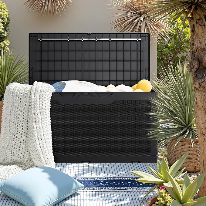 JUMMICO 100 Gallon Resin Deck Box, Waterproof Outdoor Storage Box with Lockable Lid for Garden Tools, Patio Cushions (Black) - Image 6
