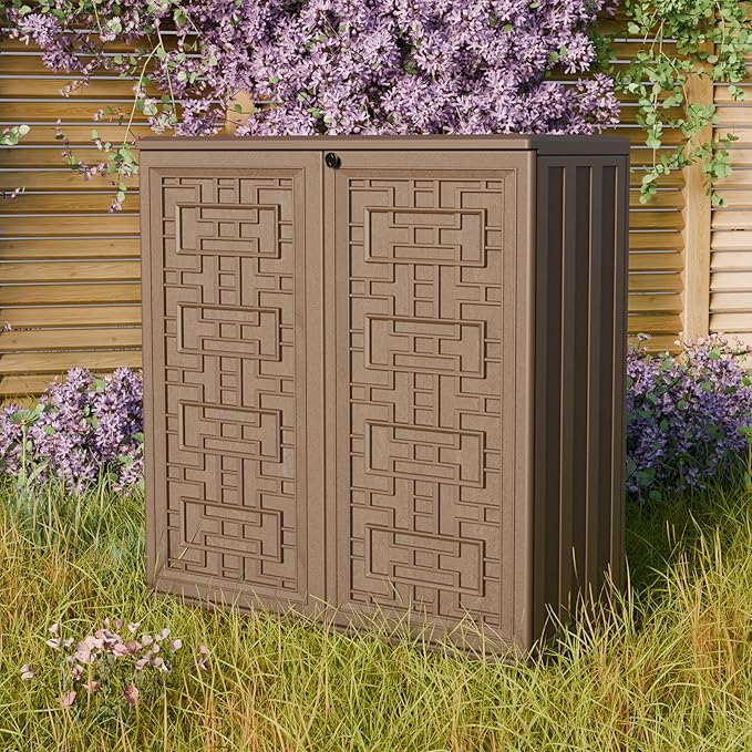 Indoor Outdoor Storage Cabinet Waterproof with 1 Shelf, Plastic Outdoor Storage Cabinets for Patio/Garden/Backyard, Size 34.3''L*15''W*36.2''H(Brown) - Image 7