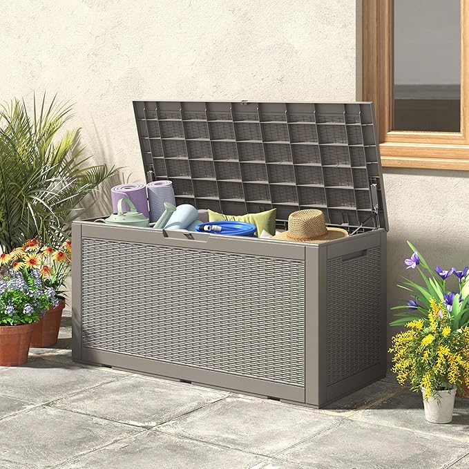 Outdoor Storage Box, Resin Deck Boxes Indoor and outdoor, Waterproof Storage Box Lockable Lid (Grey, 100 Gallon) - Image 8