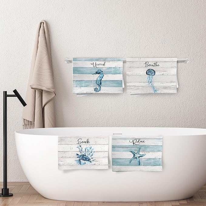 Rustic Coastal Beach Hand Towels, Sea Horse Jellyfish Turtle Starfish Unwind - Image 6
