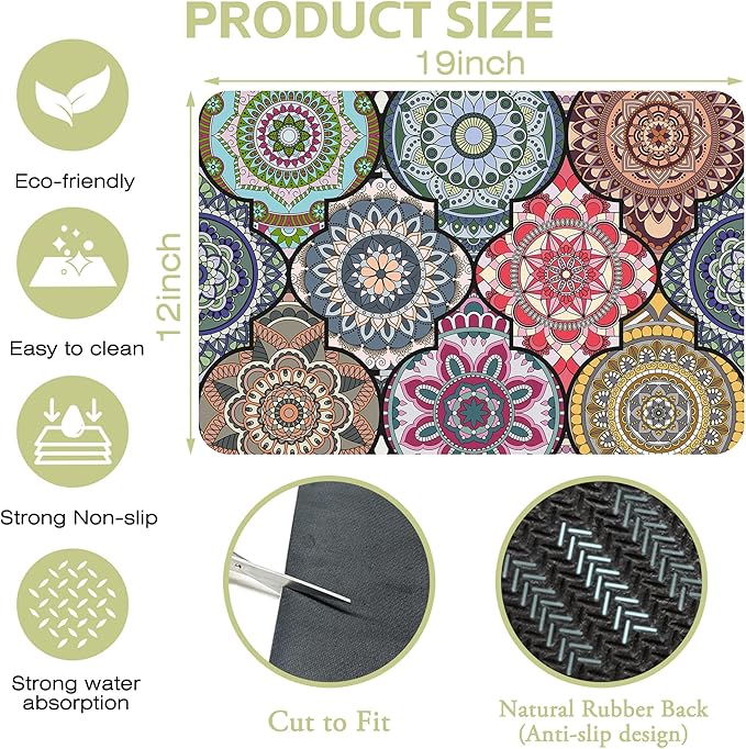 Dish Drying Mat Bohemia Vintage Decorative Pattern Kitchen Mat 12"x19" Bsorbent - Image 4