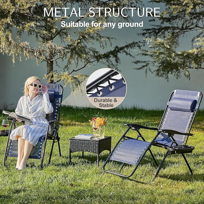 Sweetcrispy Zero Gravity Chairs, Set of 4 Portable Recliner Beach Camping Patio Outdoor Folding Lounge Chair with Cup Holder Trays and Adjustable Pillow for Poolside, Garden, Backyard, Lawn (Blue) - Image 7
